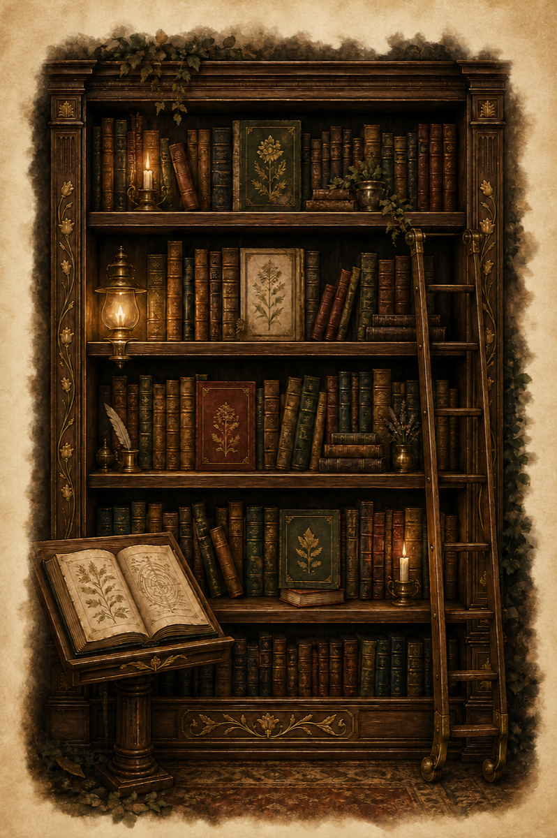 La bibliothèque commune du Cercle, ses rayonnages en bois, ses livres exposés et son grimoire ouvert