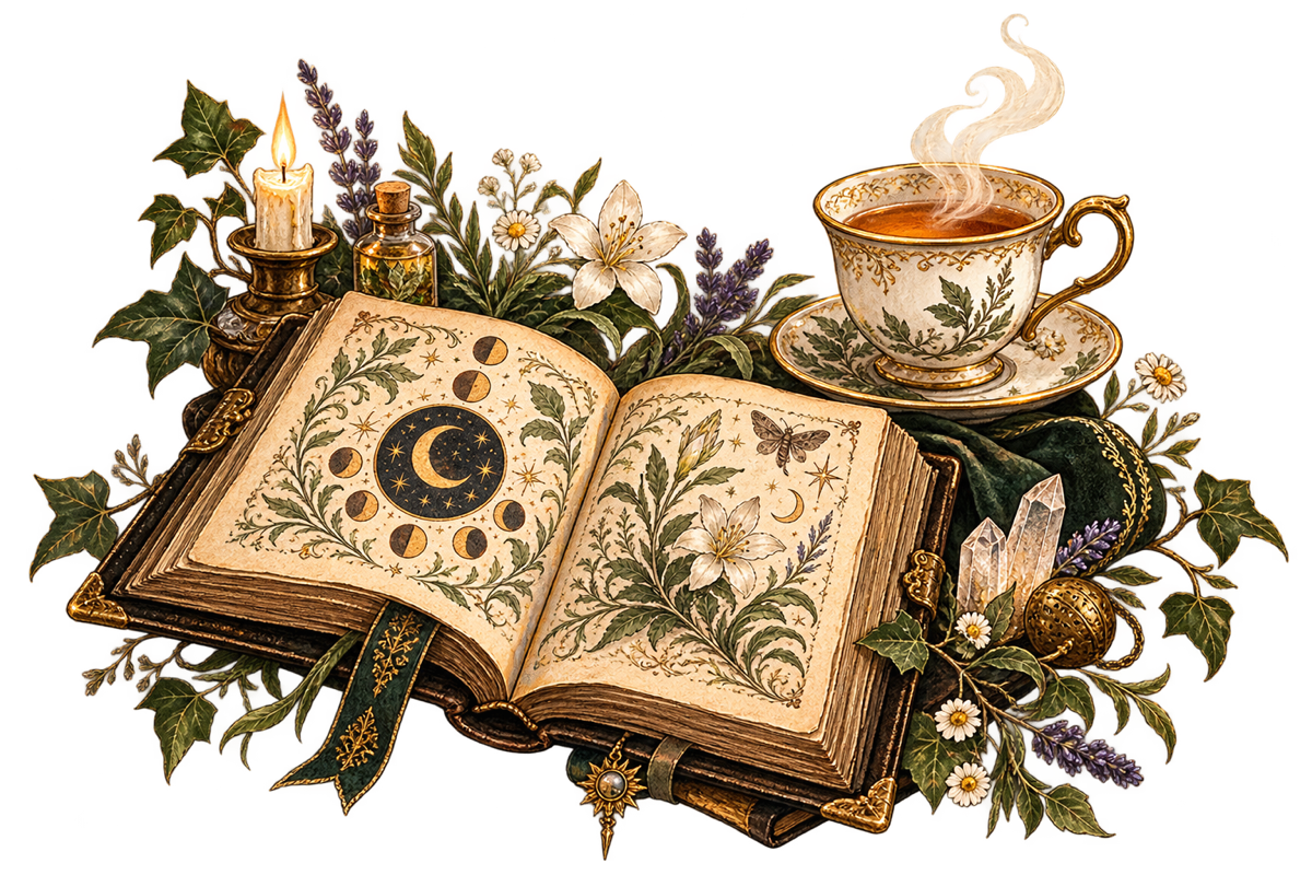 Un grimoire ouvert accompagné d’une tasse de thé fumante
