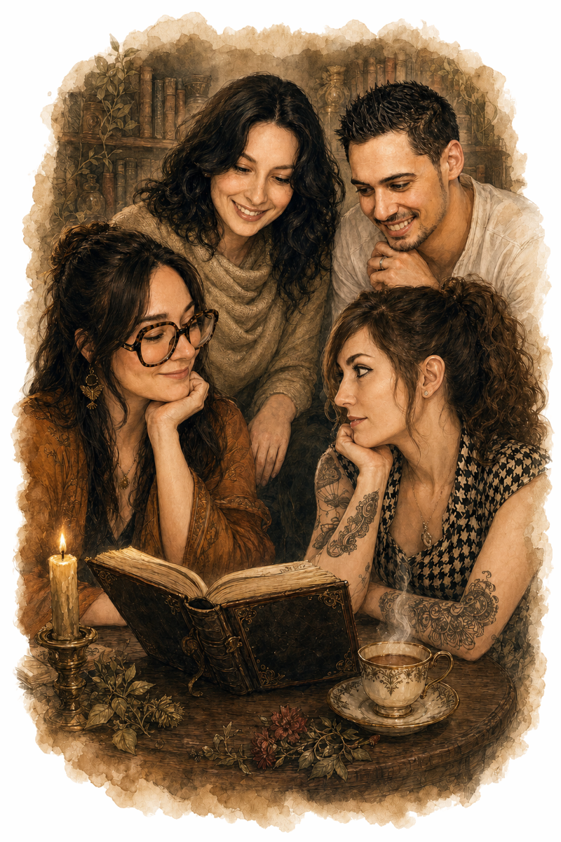 Adélie, Emmanuelle, Marion et Mathieu réunis autour d’un livre ouvert
