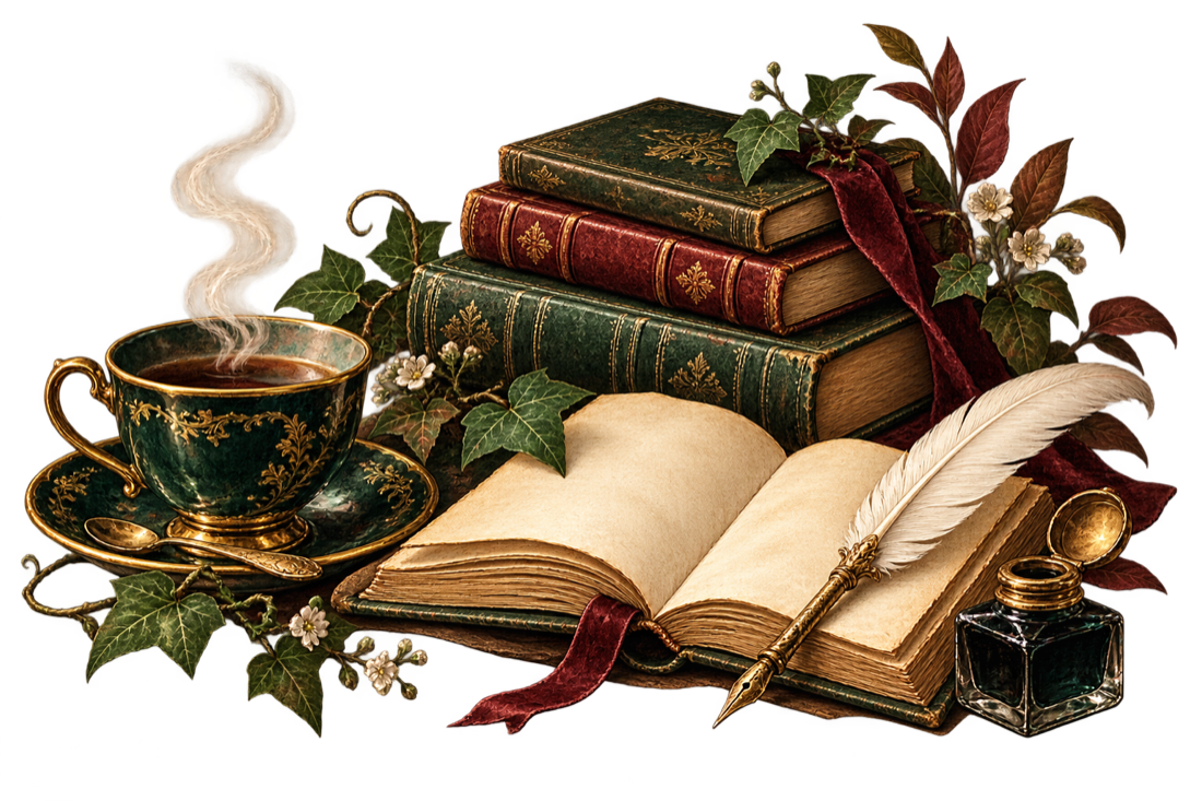 Tasse de thé, livres anciens, plume et encrier
